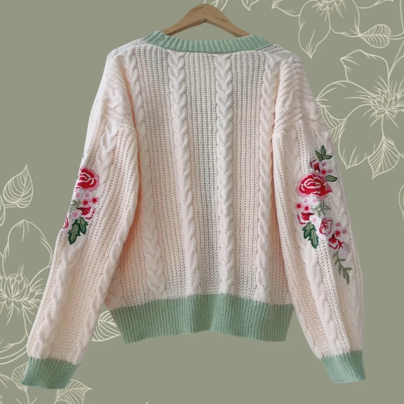 3XL Folklore Cardigan with Flower Embroidery Women Oversized Knitted Cardigans Female Fashion Loose Fit Letter Patch Sweater Top