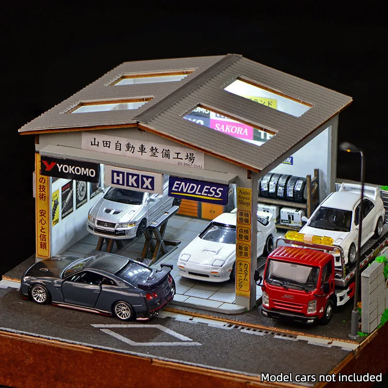 Kit modello di officina per auto fatta a mano in scala 1:64 - Scena di garage con illuminazione a LED, diorama in miniatura e giocattolo da costruzione per hobbisti