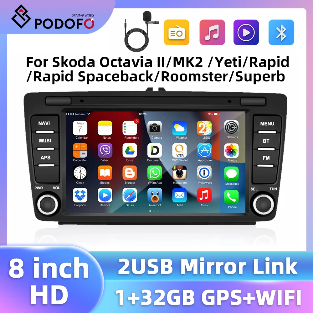 Podofo 8'' 2Din Android Car Radio For Skoda Octavia II/MK2 /Yeti/Rapid/Rapid Spaceback/Roomster/Superb 1+32G WIFI GPS Car Stereo