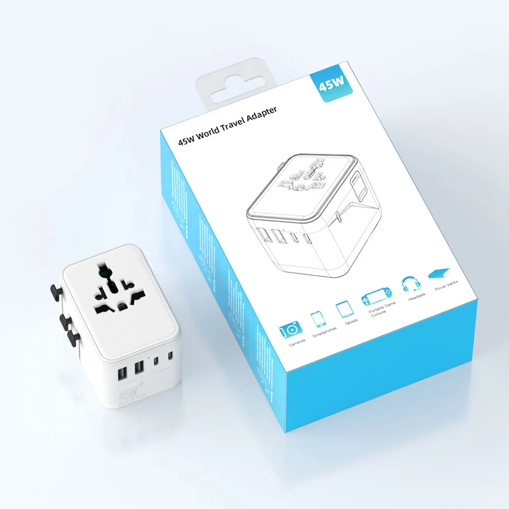 Compact Size 45W Universal Adaptor International Travel Charger Adapter Multi Plug Worldwide Socket with 2AC