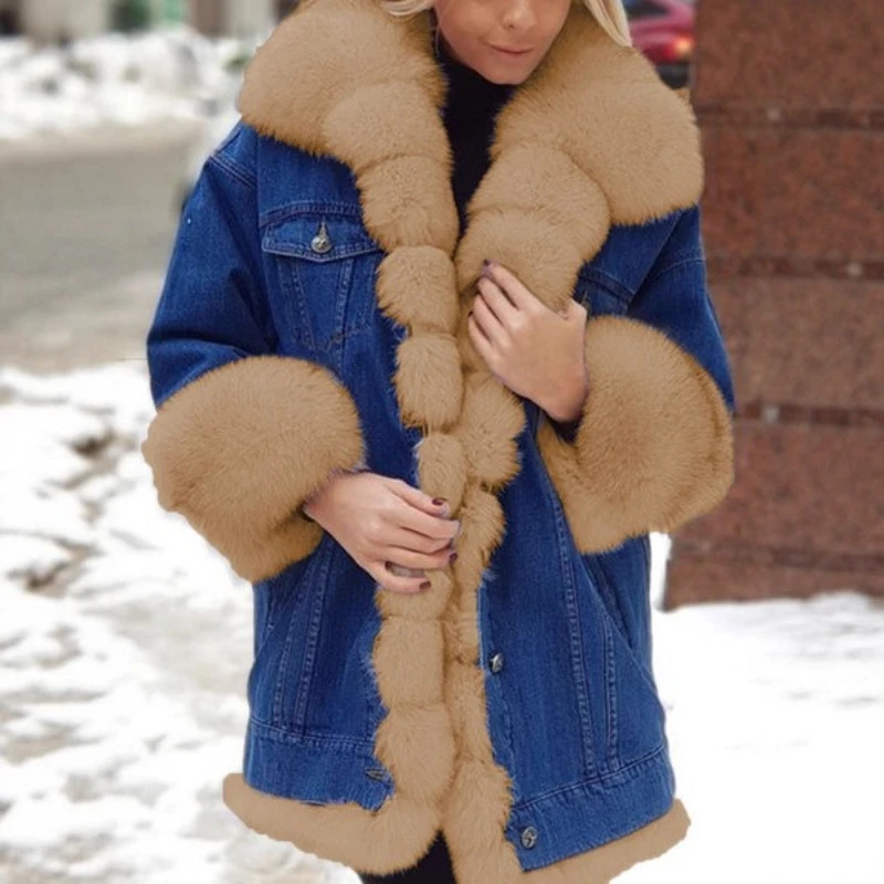 2025 hiver nouveau Design Simple fausse fourrure une pièce épissage Denim à manches longues veste pour les femmes