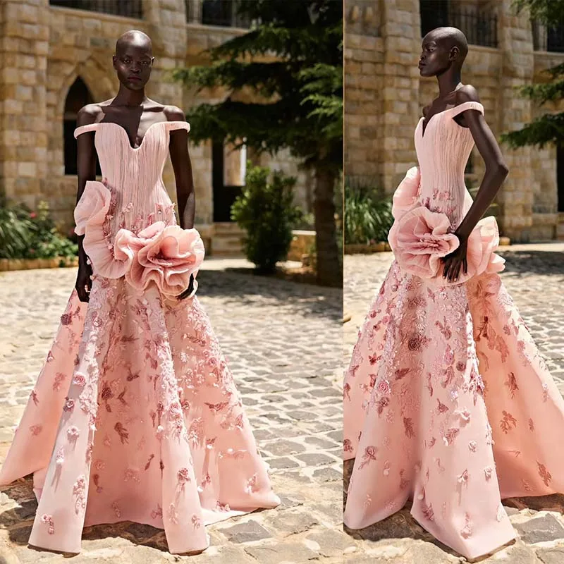 

L547 Customized Sexy Off The Shoulder Pink Lace Appliques فساتين سهره evening dresses