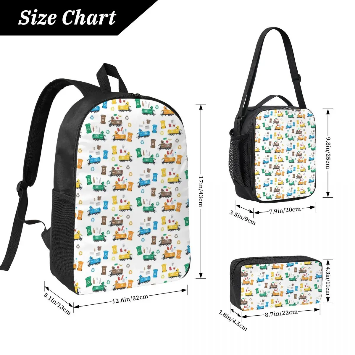

Colorful Recycling Garbage Trucks And Bins Backpack Student Boys Girls BookBag School Bag Insulated Lunch Bag Pencil Case