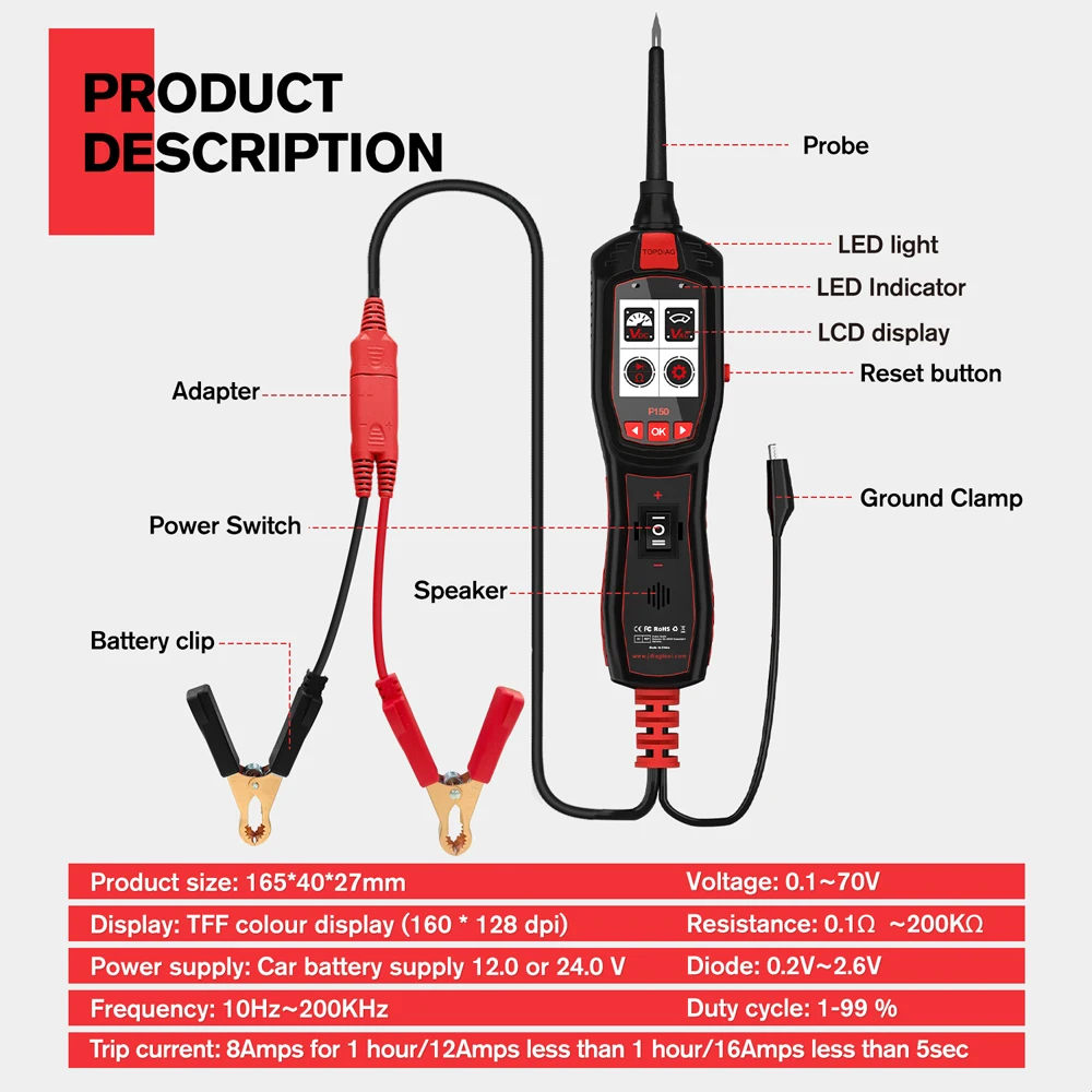 Original TOP JDiag P150 Automotive Circuit Tester Power Circuit Probe Kit Built-in Flashlight Electrical System Diagnostic Tool