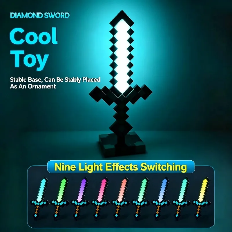 

Rainbow Light Up Diamond Sword Lamp, 14 Color Changing LED with USB Charging Base, Pixel Art Game Decor, Lighted Cosplay Prop