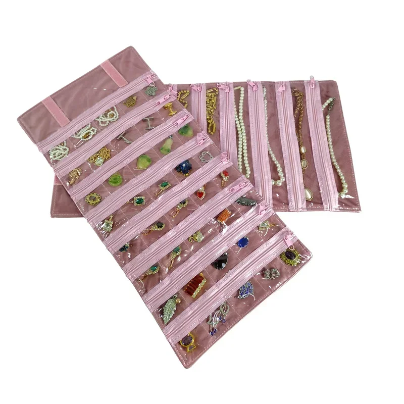 High-end Pink Velvet Multi-colored Jewelry Storage Roll Bag Ring Necklace Pendant Bracelet Antioxidant Jewelry Storage Props