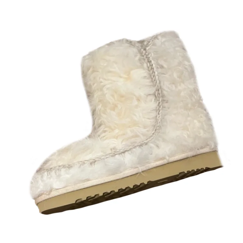25 new sheepskin and fur integrated white short tube thick-soled snow boots for women's winter velvet thermal cotton wool shoes