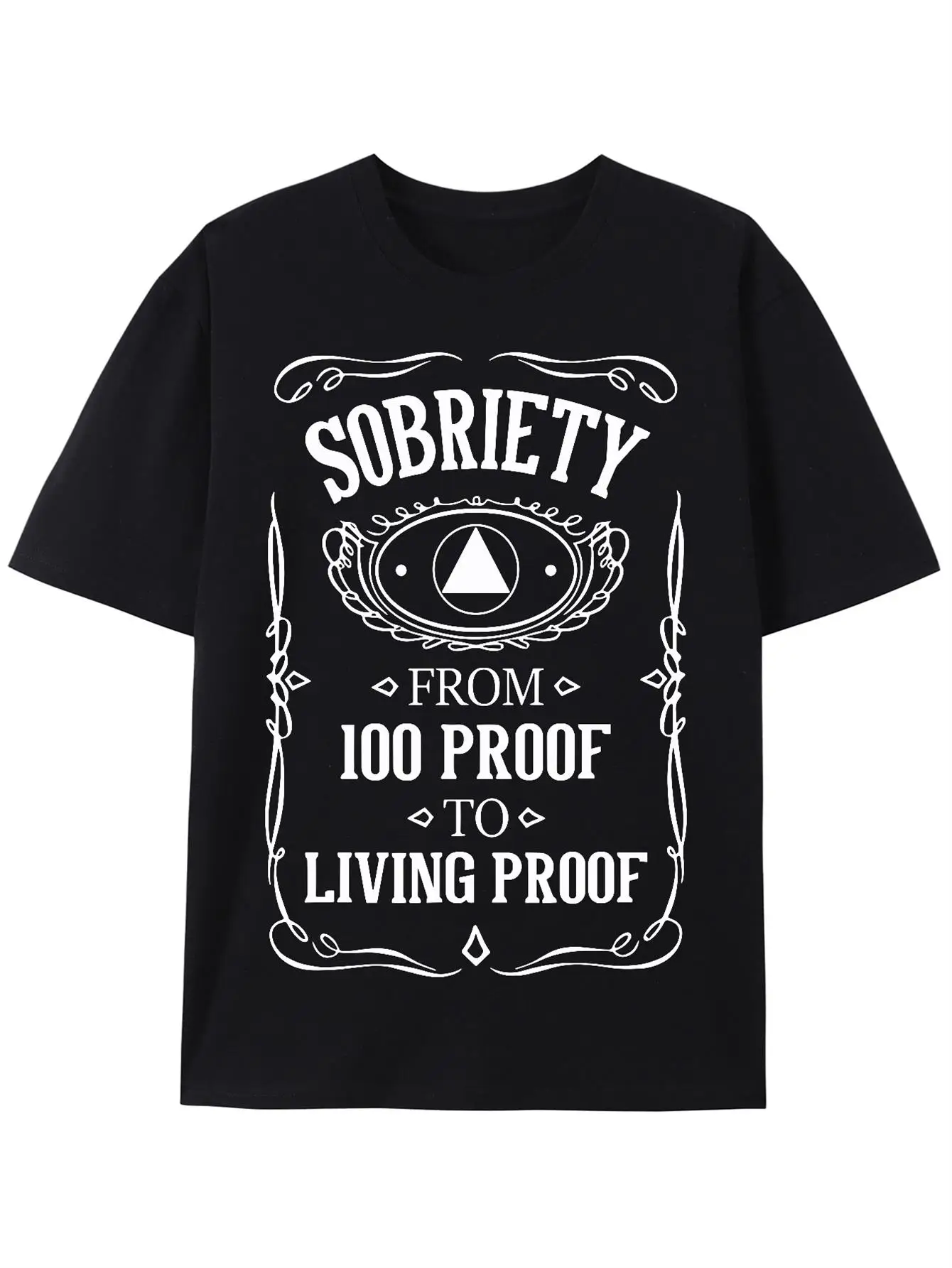Anniversary T-Shirt for Sobriety - Black with White Graphic Design, Featuring 100% Proof to Living Proof Arrow And Laurel Motif, Comfortable Short Sleeve Casual Tee for Men'S Summer Attire, Sober Celebration Shirt, Striking Text Design
