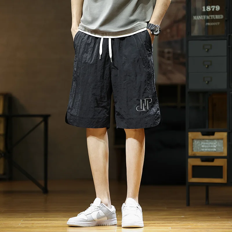 Summer Casual Loose Drawstring Casual Shorts Chic Letter Embroidery Men's Clothing Basic Straight Mid Waist Elastic Knee Pants