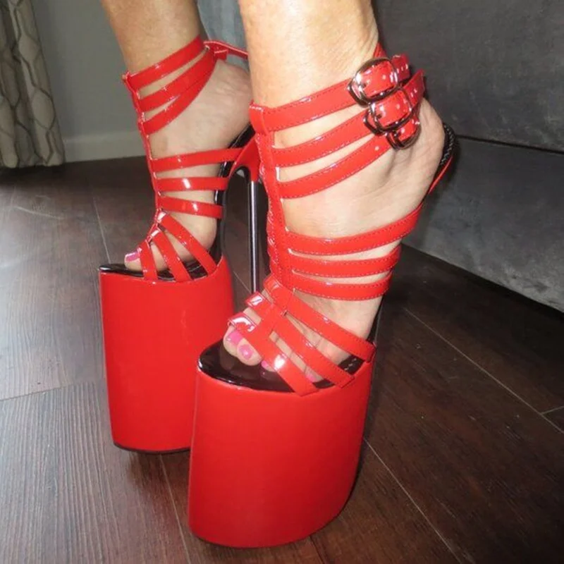 Red Hollow Buckle Platform Sandals Thin High Heel Sexy Fashionable Cool Summer Casual Big Size Woman Shoes Zapatillas Mujer