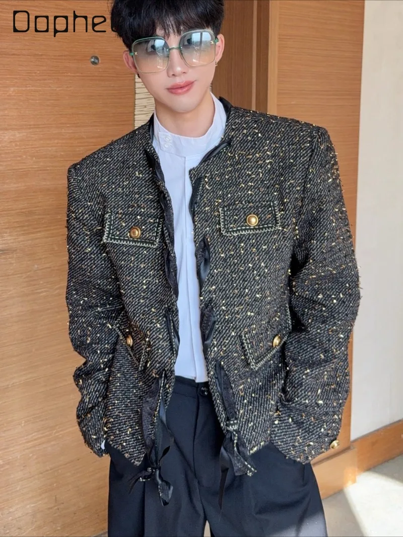 

Легкая роскошная однобортная куртка на шнуровке в стиле ретро для мужчин, свободная модная куртка большого размера из тяжелой шерсти, уличная модная мужская одежда