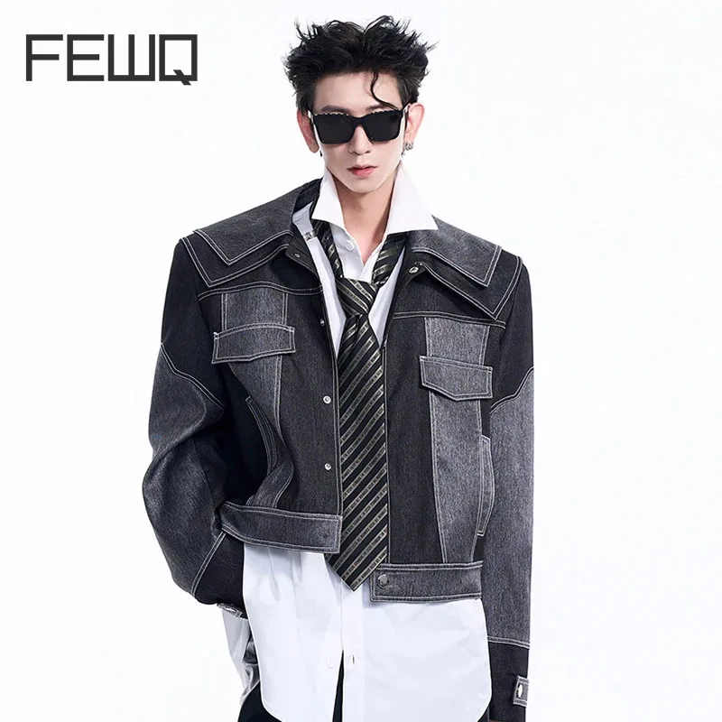 

FEWQ Splicing Short Shoulder Padded Denim Men's Jacket Autumn Winter Double Collar Design 2024 Patchwork Male Tops