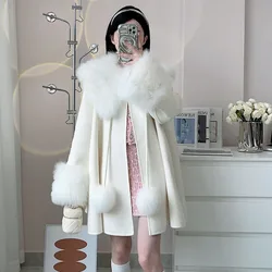2024 New Loose Wool Blended Coat With Real Fox Fur Collar Long Sleeve Fashion Genuine Fox Fur Jacket Female Outwear Wool Jackets