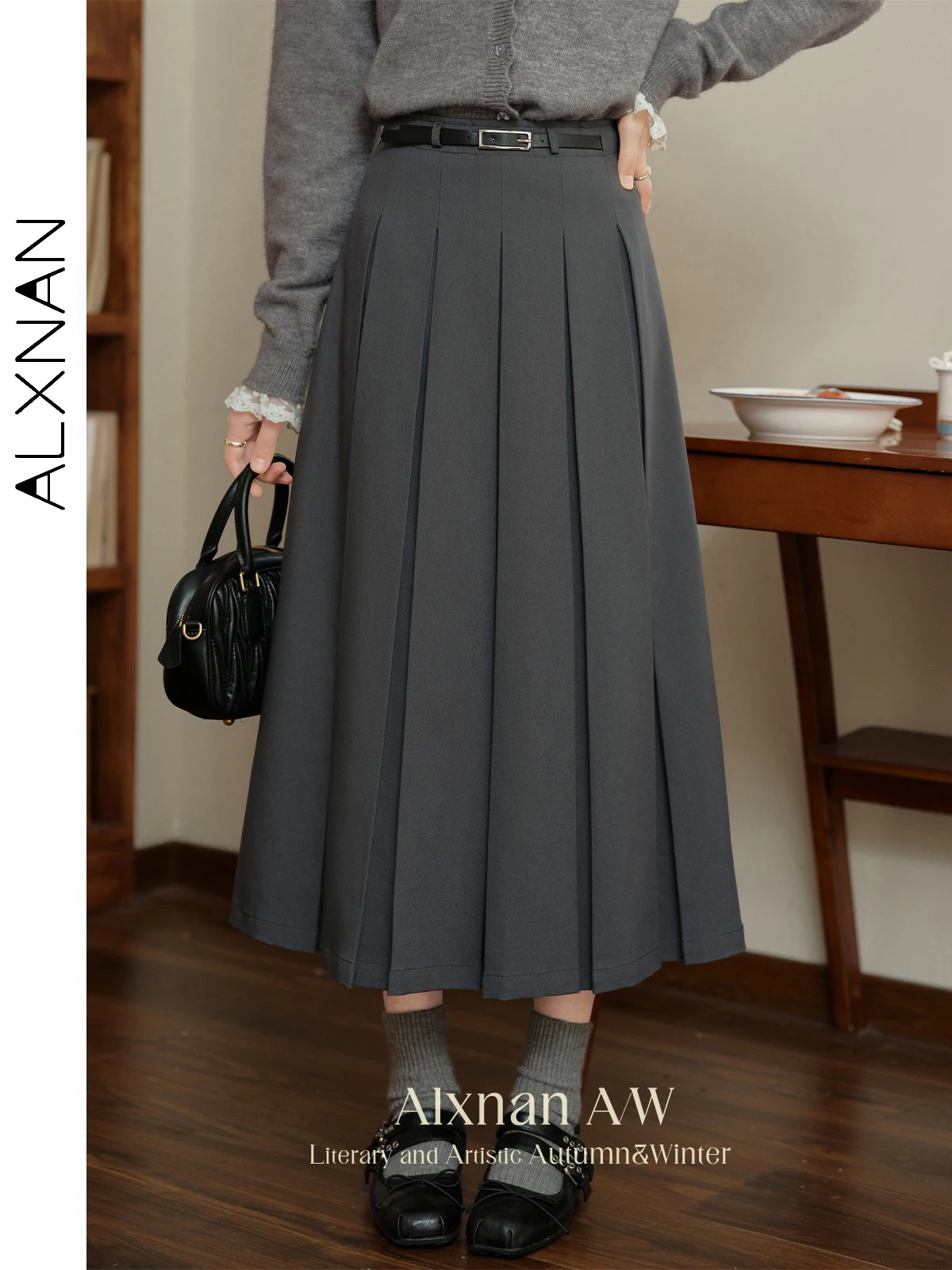 

ALXNAN Women's Solid Gray Skirts Adjustable Waist A-line Pleated 2024 Female Autumn Winter Temperament Commuter Skirt QYM002272