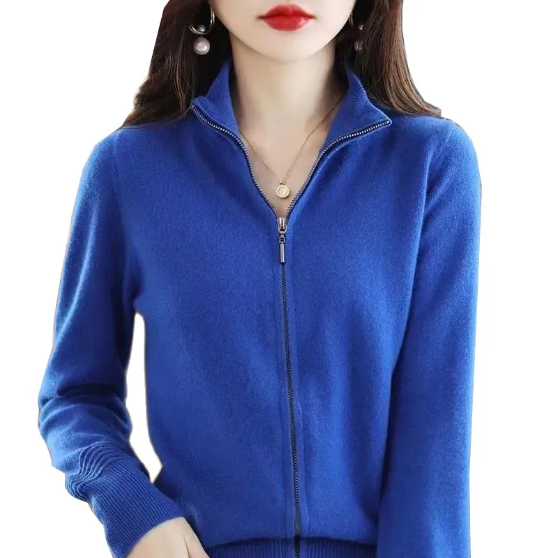 2023 Autumn Winter New Knitted Sweater Women Cardigans Thick Slim Stand Collar Zipper Cardigan Jacket Female Casual Knitwear Top