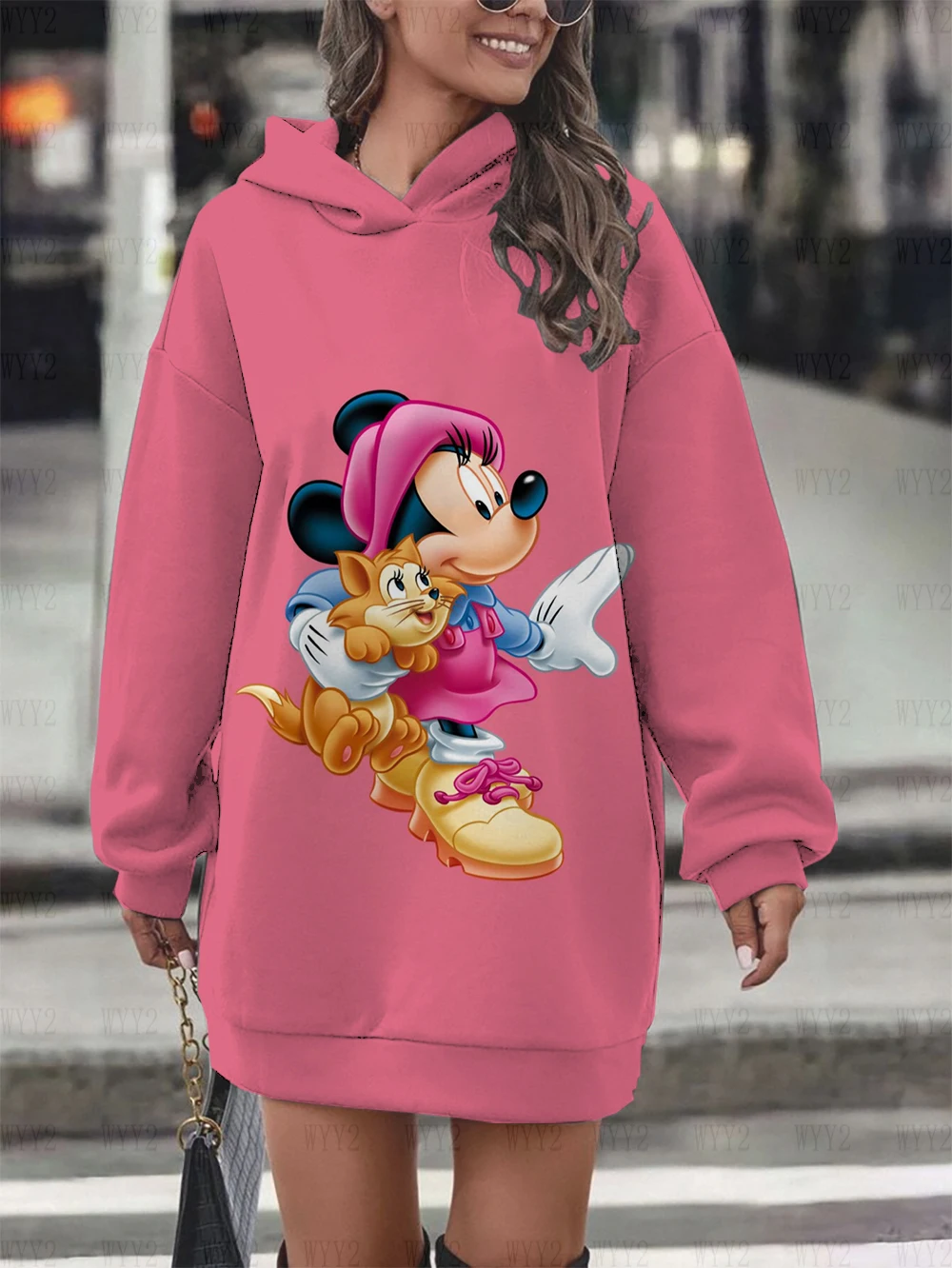 New Disney Series Mickey Mouse Minnie Hoodie Print Hooded Sweater Dress Casual Street Style Ladies Warm Sweater Dress