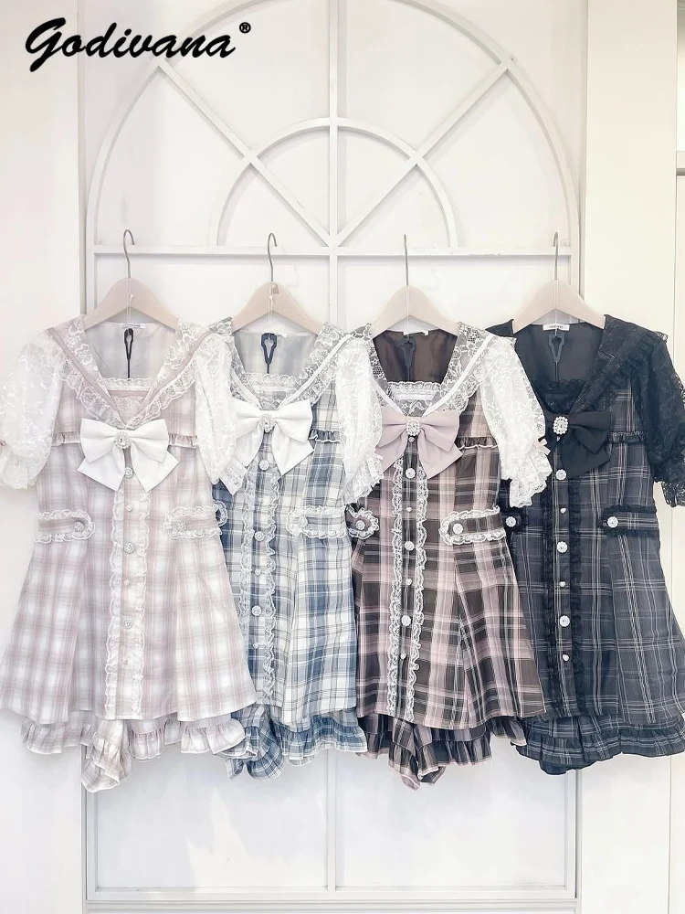 

2025 New Spring and Summer Japanese Mine Women's Lace Sailor Collar Rhinestone Bow Short-sleeved Plaid Shirt Top and Shorts Set