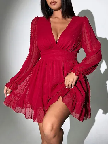 Imagen 2 del producto Nuevo Vestido corto Sexy con cuello en V de talla grande, falda acampanada ajustada americana de manga larga con lunares lisos, vestido de noche elegante para fiesta para mujer