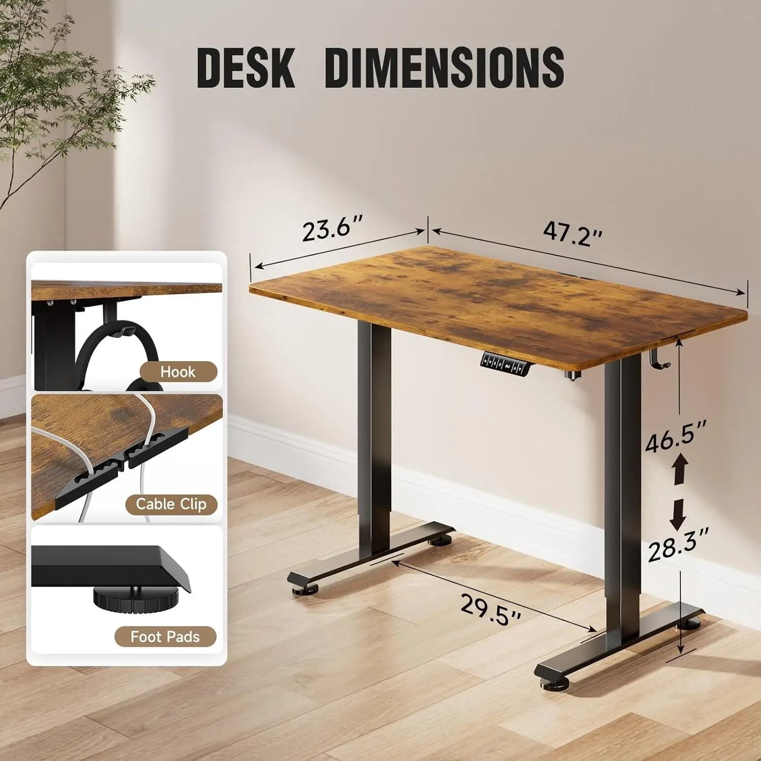 Electric Standing Desk 47.2 Inch,Height Adjustable Sit Stand Up,Cable Clip,Wood Desktop,Work Home Office Computer PC Table,Brown