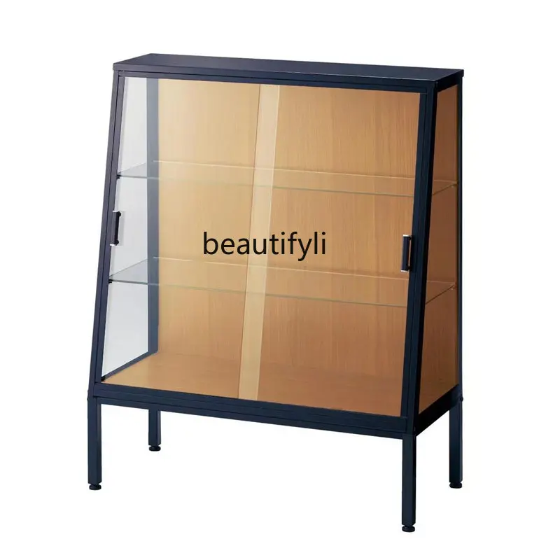 

zq Japanese-Style Display Cabinet with Light Glass Cabinet Transparent Showcase Trapezoidal Sliding Door Storage Closet