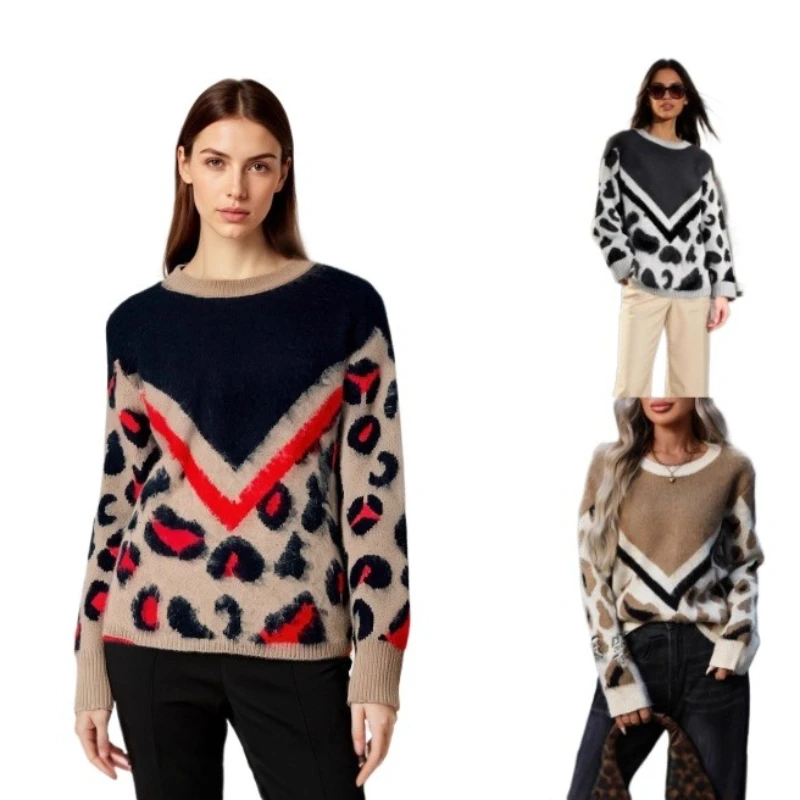 

Осень-зима 2025: новый европейский и американский женский вязаный пуловер с принтом, свитер с круглым вырезом и леопардовым принтом для женщин