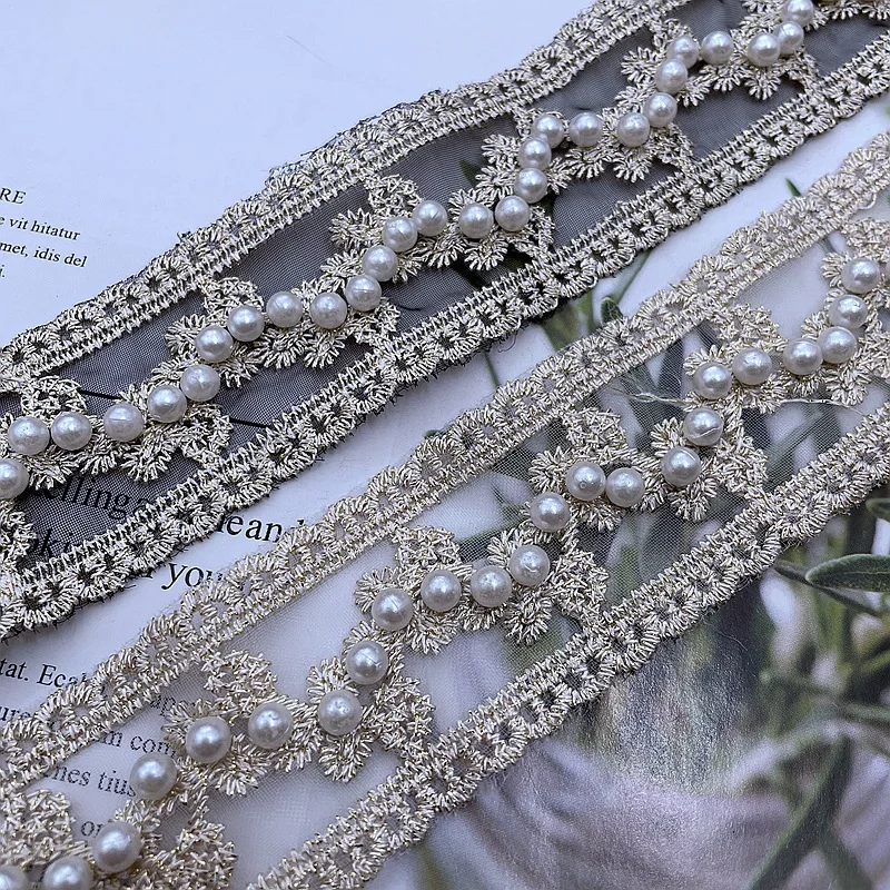 1Yard Ethnic 3D Organza Gold Lace Trim Beaded Pearl Applique Wavy Ribbon Embroidered Fabric Sew Craft DIY Handmade Cloth Tape