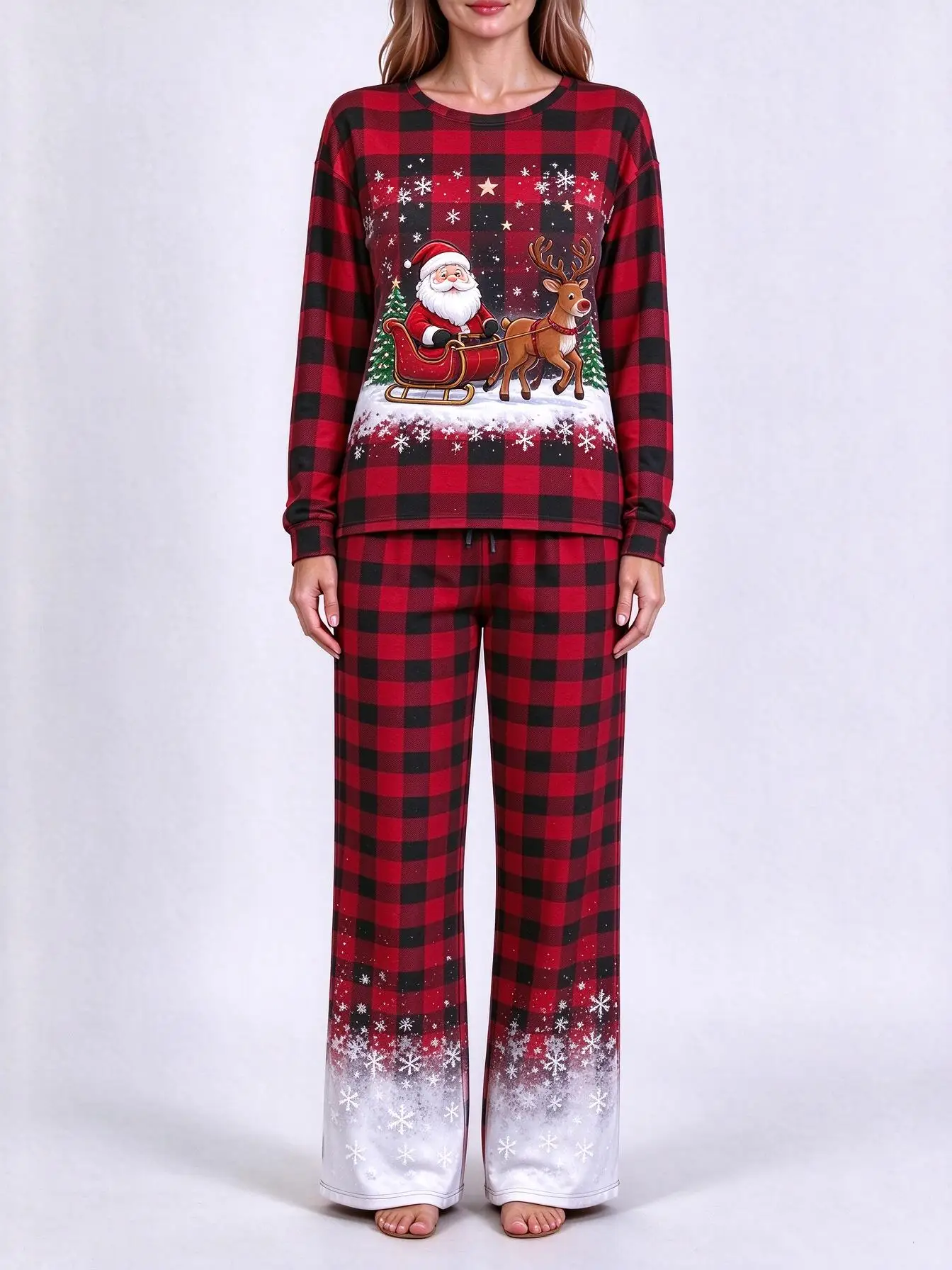 Women Imitation Cotton Loungewear Set Buffalo Plaid Christmas Santa Sleigh Reindeer Snowflake All Over Print Long Sleeve Pajamas