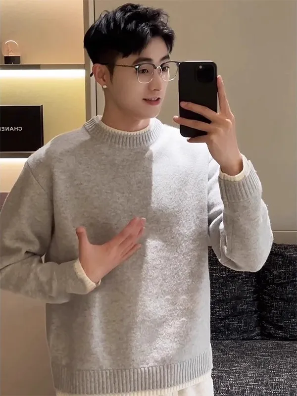 

ay Thiened Autumn Winter Men's Knitted Sweater round Ne Warm Heavy Inner Wear Soft Nurturing Base Layer Knitwear