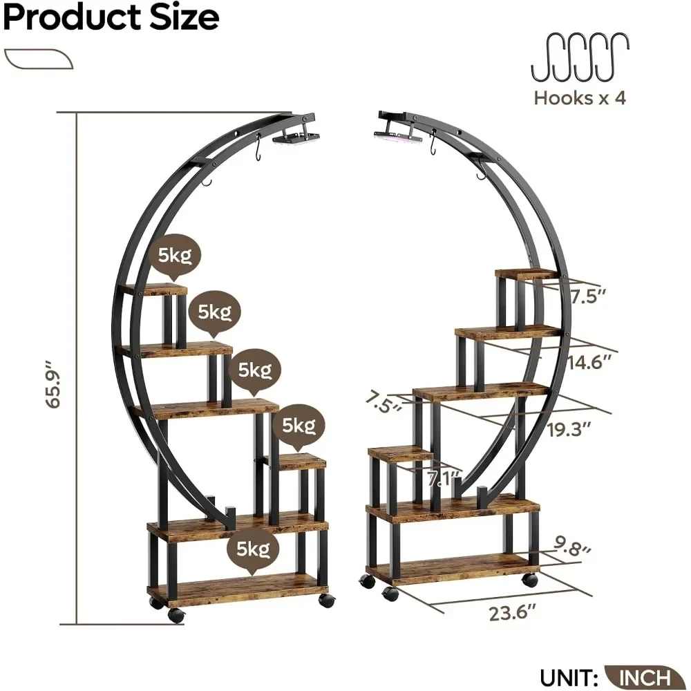 Suporte de planta de 2 pces interno com luzes de cultivo, suporte de planta de metal de 6 camadas com rodas para plantas múltiplas, suporte de planta grande