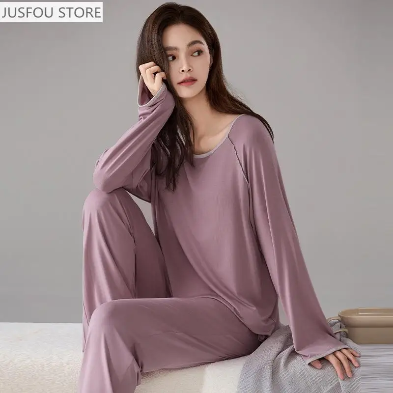 

Мягкая модальная пижама для женщин: весенне-осенний домашний комплект с подкладкой для бюстгальтера, новая модель, с длинными рукавами и брюками