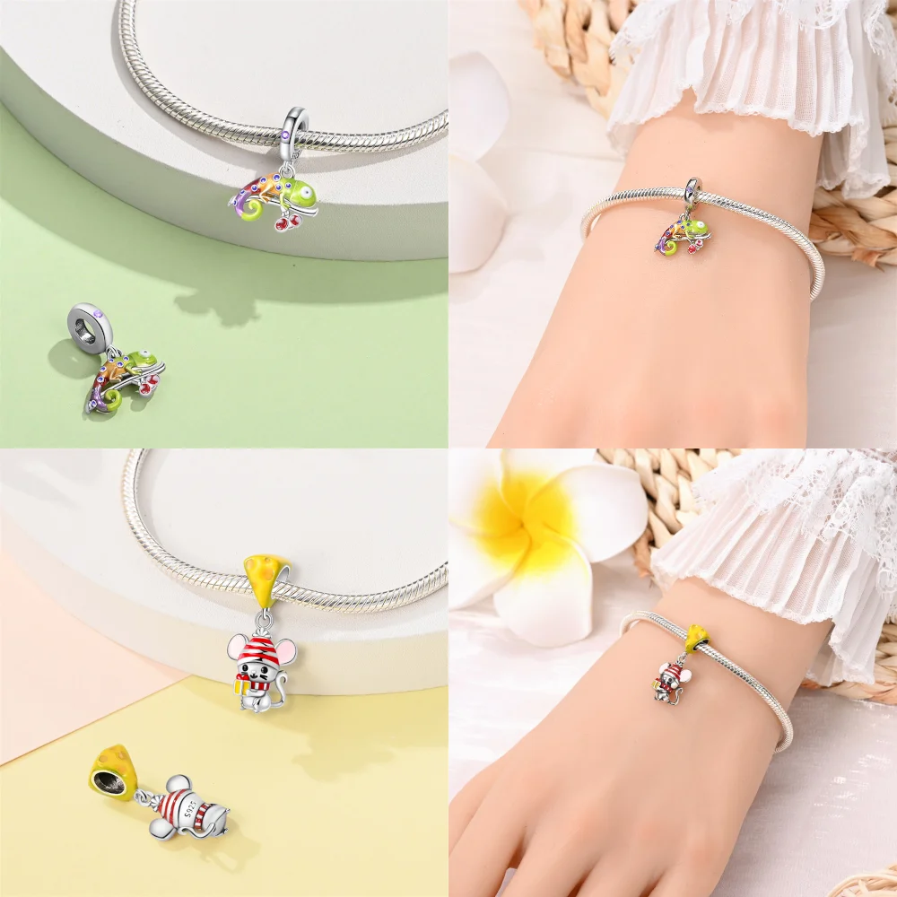 925 Sterling Silver Luminous Beetle Chameleon - Animals Pets Ornament Beads Charms fit Bracelets and Necklaces Dangle Pendants