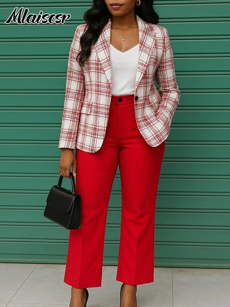 Mlaiscsr Abiti blazer africani per donna Giacca cappotto a maniche lunghe con stampa a griglia Top e pantaloni a gamba dritta Set da 2 pezzi Office Spring