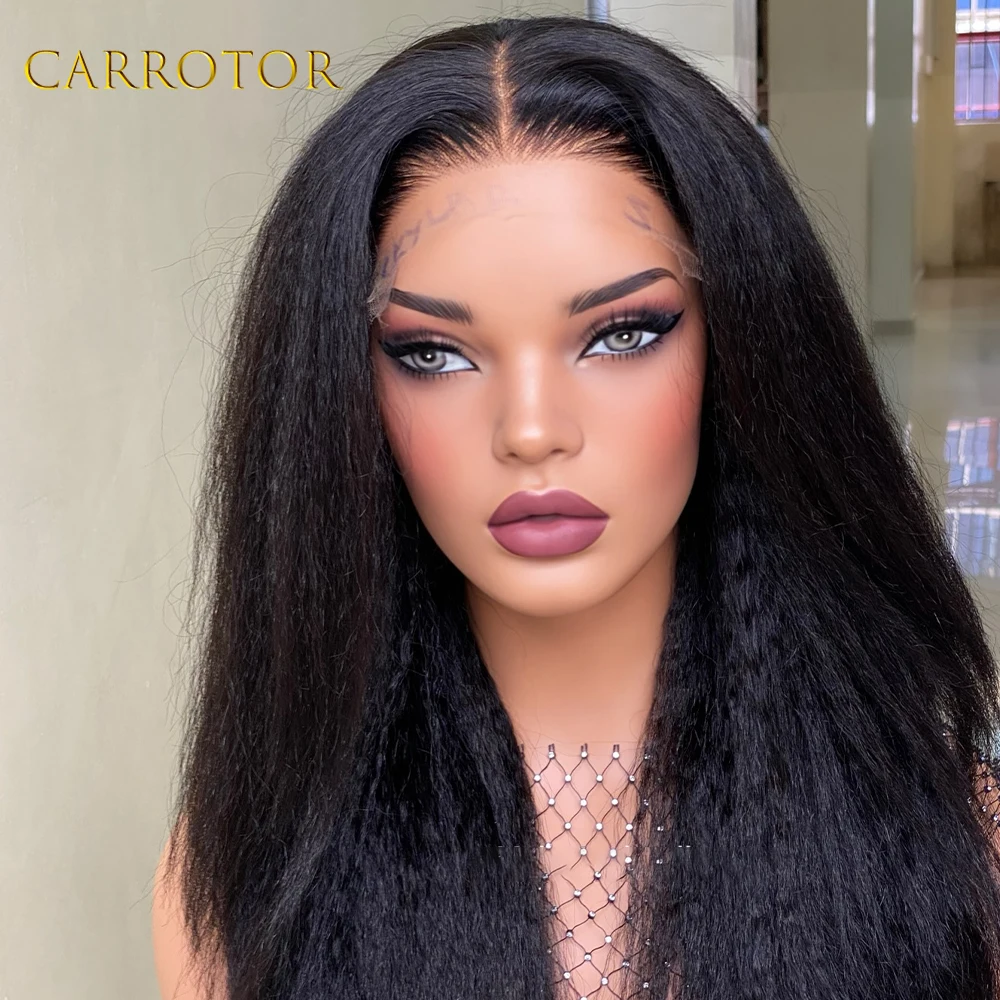 Super Double Draw 250% Density Kinky Straight 5x5 Transparent Lace Frontal Gluless Wig Pre Plucked Human Hair Ready To Go