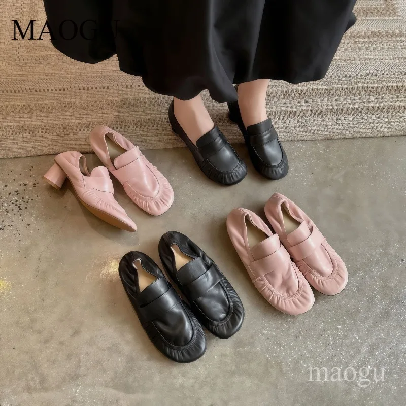 Mocasines de cuero suave para mujer, zapatos informales con punta redonda y tacón medio, zapatos informales elegantes Vintage para mujer, talla 35-40