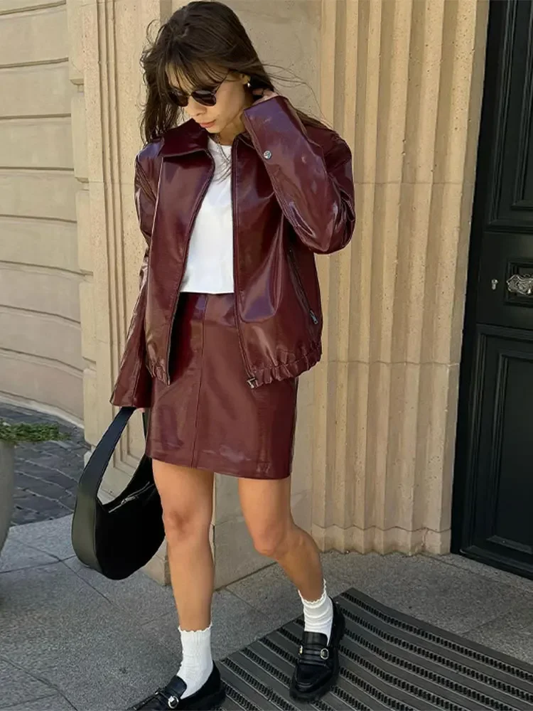 Vintage Burgundy Short Skirt Set For Women Collar Zipper Long Sleeved Pu Leather Jacket With Pockets 2024 Autumn Street Outfit