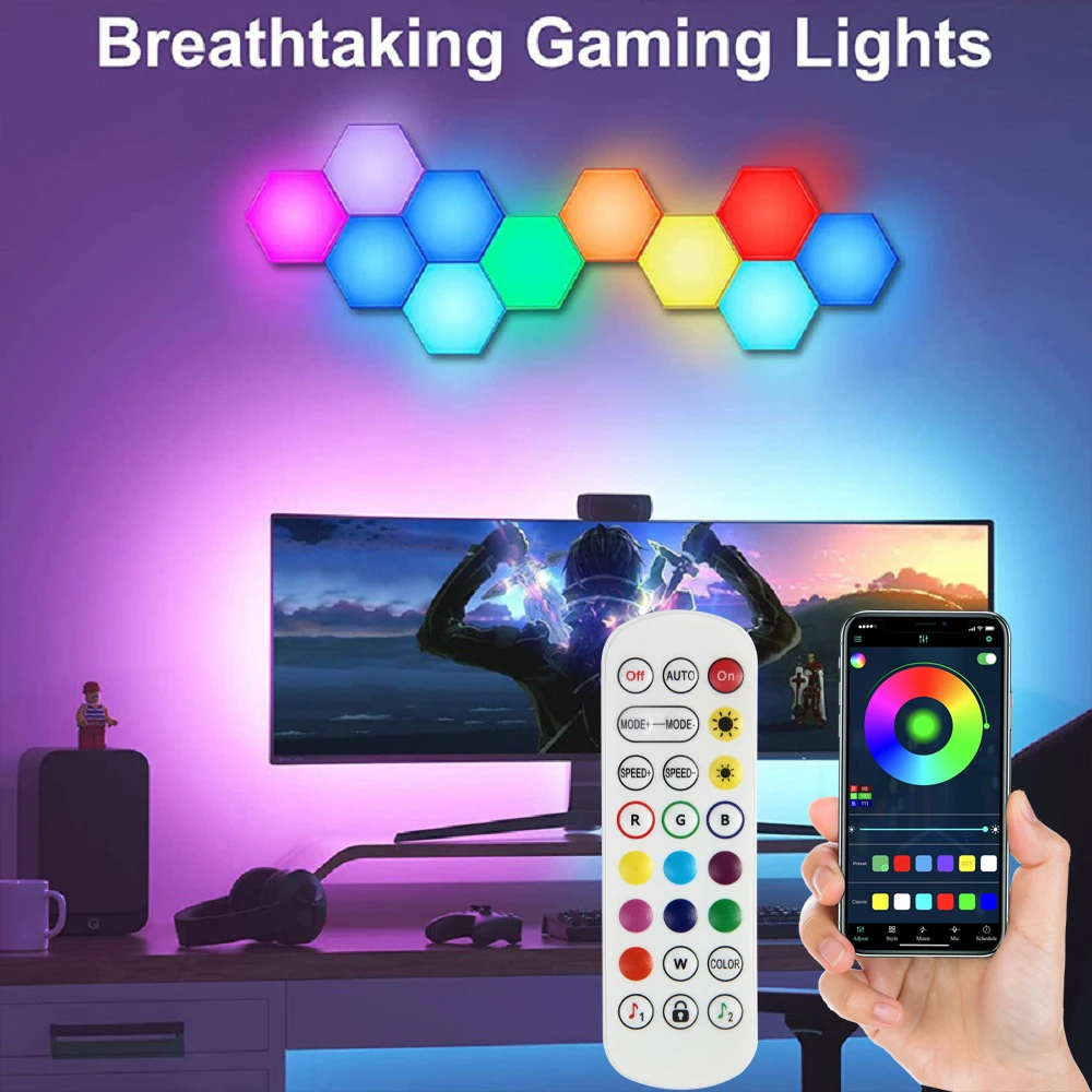 

RGB Smart Hexagonal Wall Lamp Color changing Ambient Night Light DIY Shape Music Rhythm APP For Game Room Bedroom Intelligent