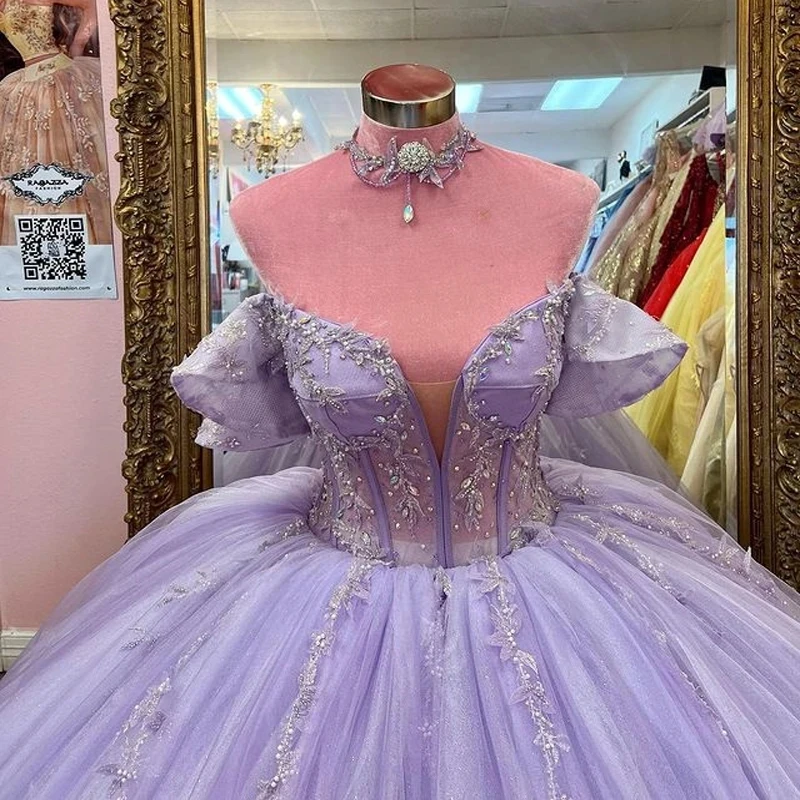 ANGELSBRIDEP Lavender Ball Gown Quinceanera Dresses Beading Crystal Lace Cinderella Princess Vestidos De 15 Anos Birthday Party