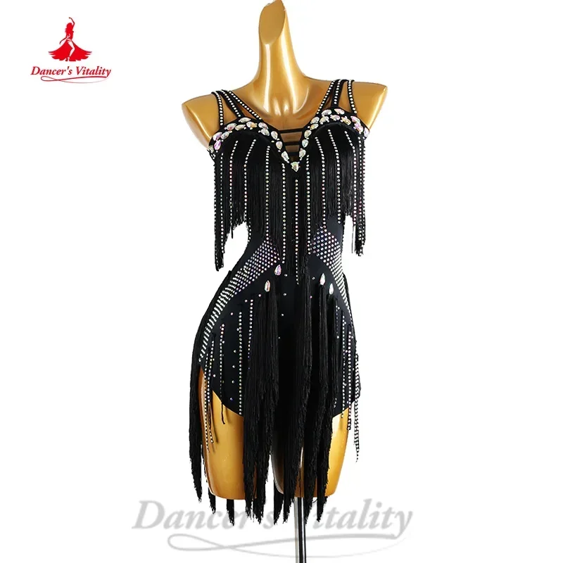 Latin Dance Competition Dresses Customized Luxury Rhinestone Backless Tassel Dress Adult Children Chacha Performance Costumes