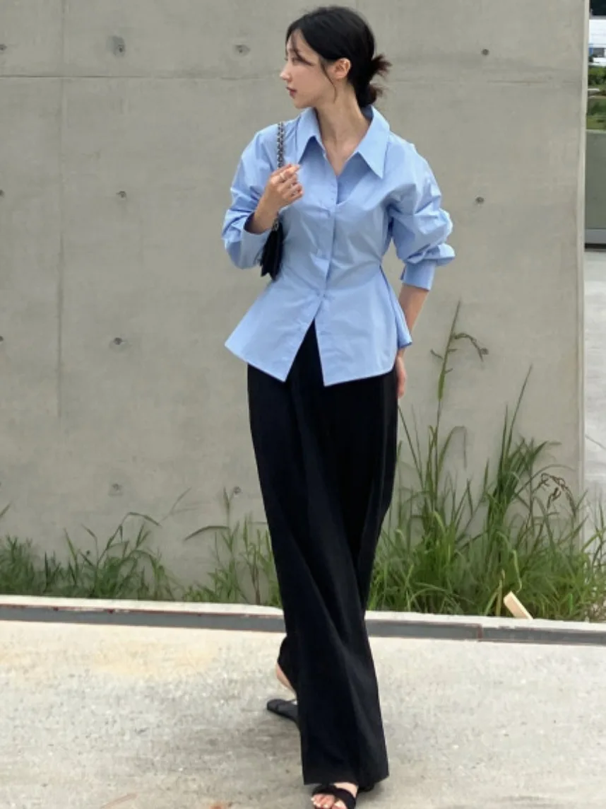 เสื้อเชิ้ตผู้หญิงทรงเข้ารูป แขนยาว คอปกพับได้ ผูกเอว ดีไซน์เก๋ไก๋สำหรับต้นฤดูใบไม้ร่วง ผ้าฝ้าย 00%