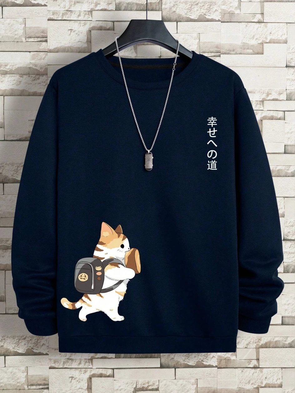 Street Casual Women/Men Pullover Kawaii Cartoons Cat Printing Sweatshirt Warm Soft Hoodies Loose Crewneck Fleece Female Clothing