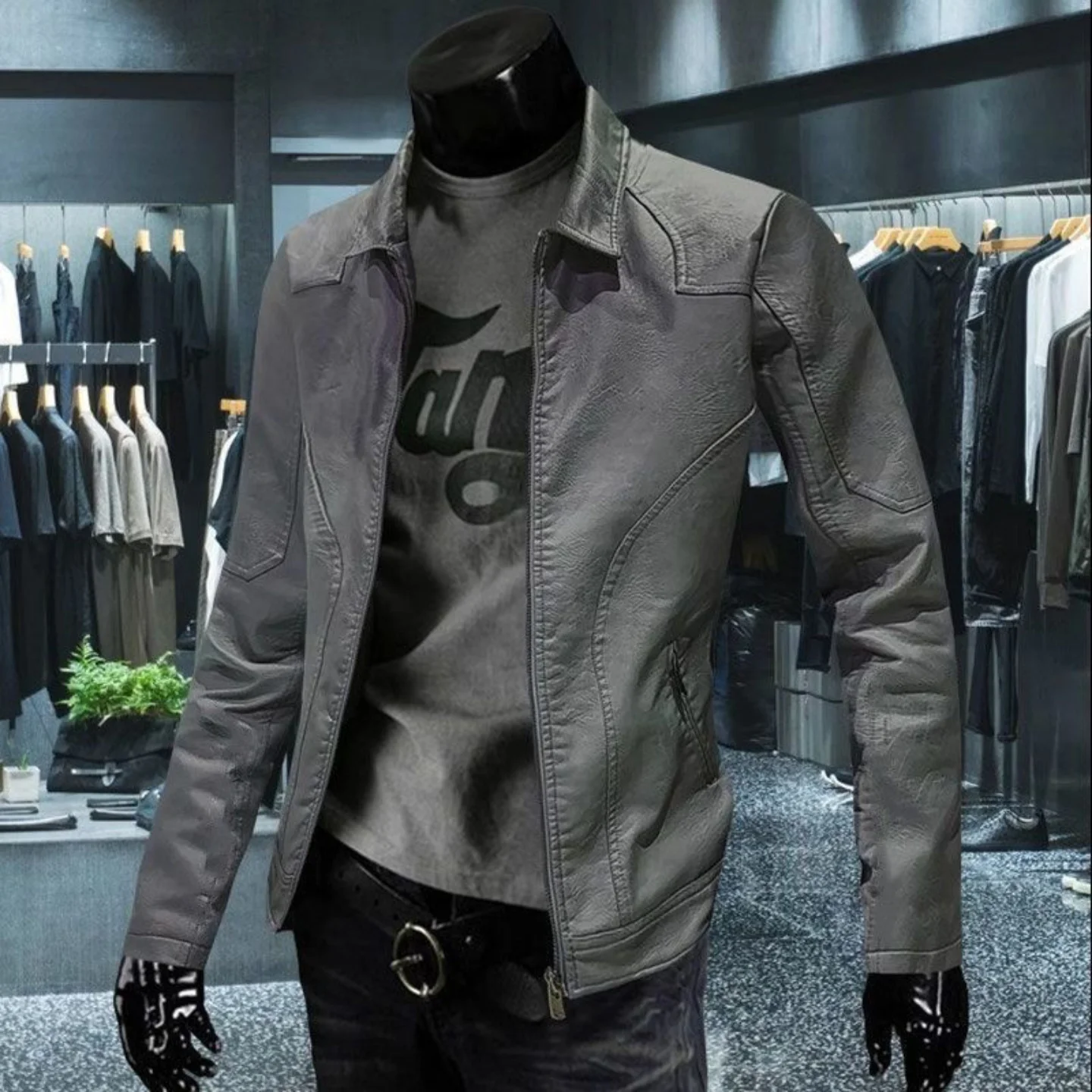 

Slim Fit Casual Collar Men's Leather Jaet Retro Sle Autumn Winter Outerwear Youth Long Sve Zipper Closure Color