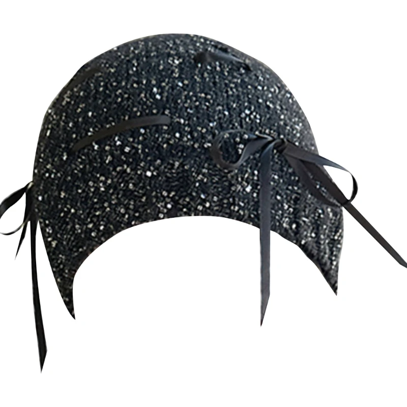 Black Ribbon Sequins Hat for Party Goers Performances Knit Hat Blingbling Black Sequins Knit Hat