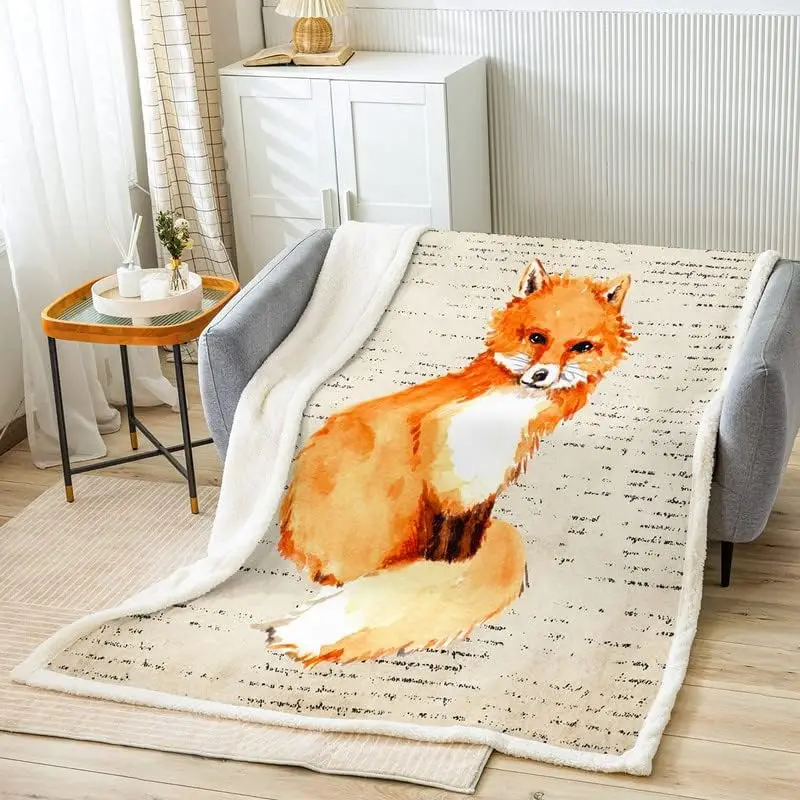 

Cute Fox Fleece Throw Blanket Kids Cartoon Fox Plush Blanket for Bed Sofa Couch Woodland Fox Sherpa Blanket Breathable