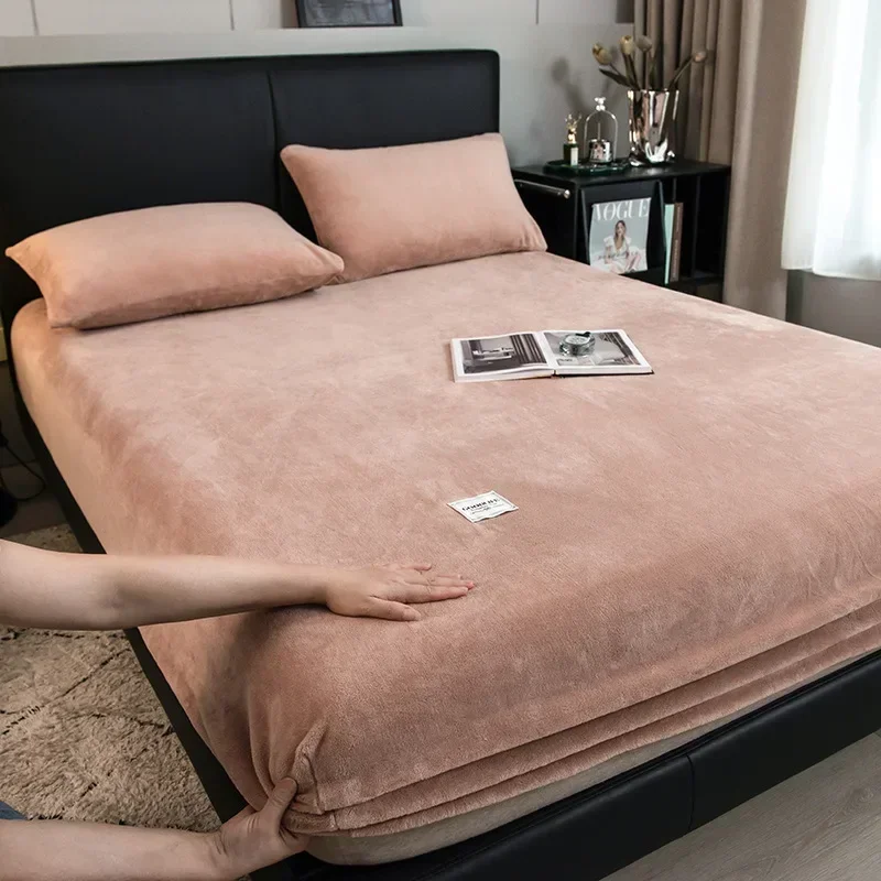 1set Soft Warm Plush Fitted Sheet Elastic Mattress Cover Fluffy Coral Fleece Bed Linen Winter Couple Luxury Double Bed Bedding