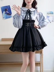 Japanese Lolita Kawaii Two Piece Set Women Korean Sweet Party Skirt Suit Female 2024 Peter Pan Collar Blouse + Black Mini Skirt