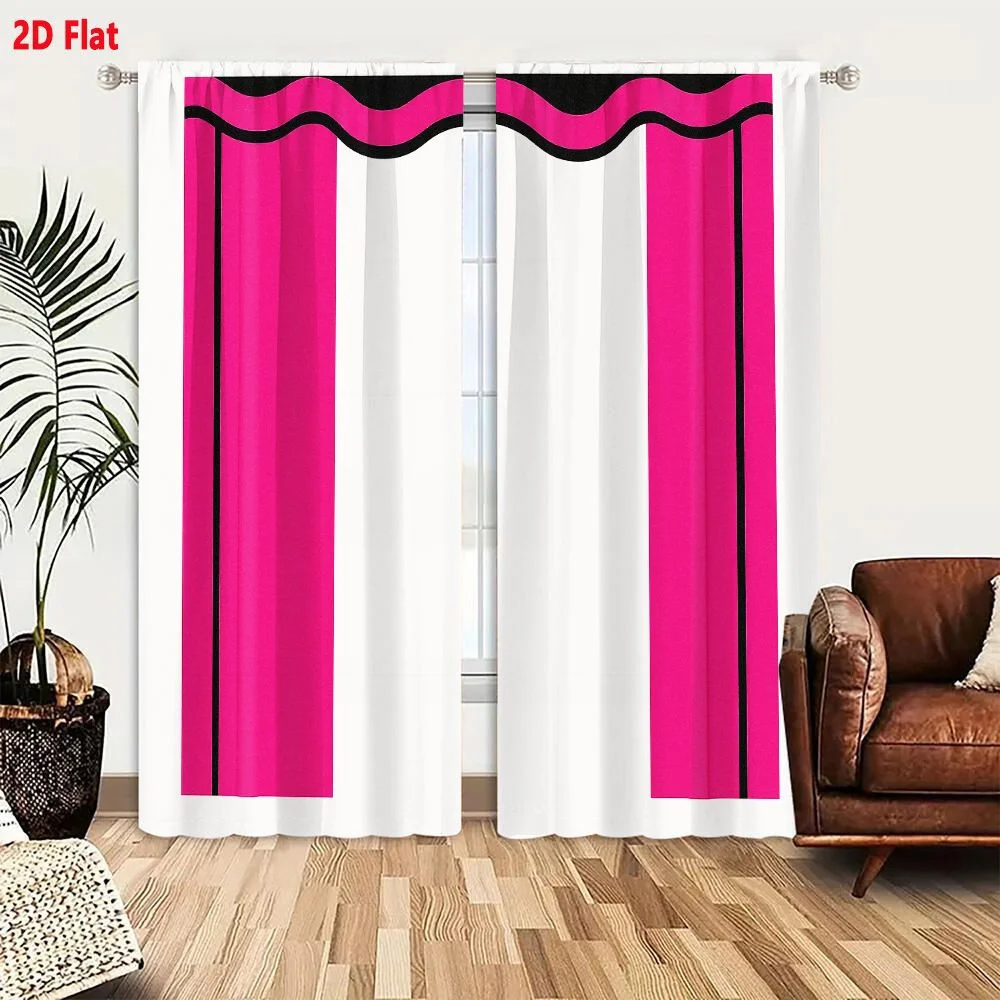 2Pcs Curtains 2D Flat Bright Pink Stage Curtain With Vertical Panels Black Center Line And Wavy Pink Valance Header Decorative G