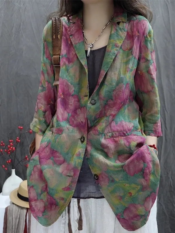 

Casual Sle Cotton Linen Women's Jaet Autumn New Loose Fit Long Sve Versatile Printed Retro Faionable Outerwear