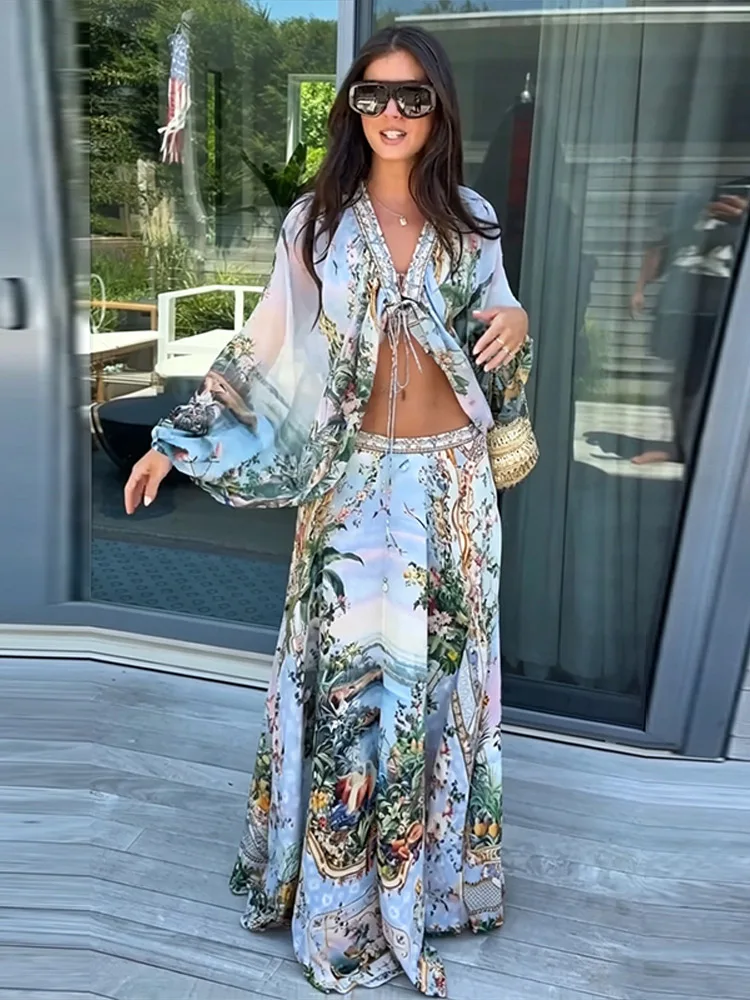 Beach Bohemian Floral Matching Set V Neck Tie Front Crop Top Elastic Waist Tiered Ruffle Maxi Skirt 2026 Vacation 2 Piece Outfit view 6
