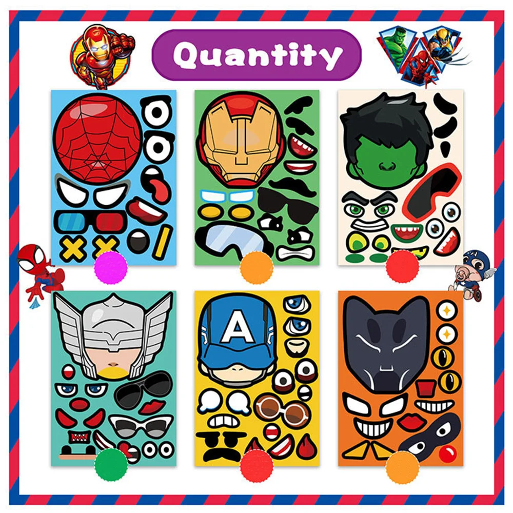 

6/12sheets Make a Face Disney Superhero Cartoon Stickers Cool Spider Man Puzzle Sticker Skateboard Phone Bike Decals Fun for Kid