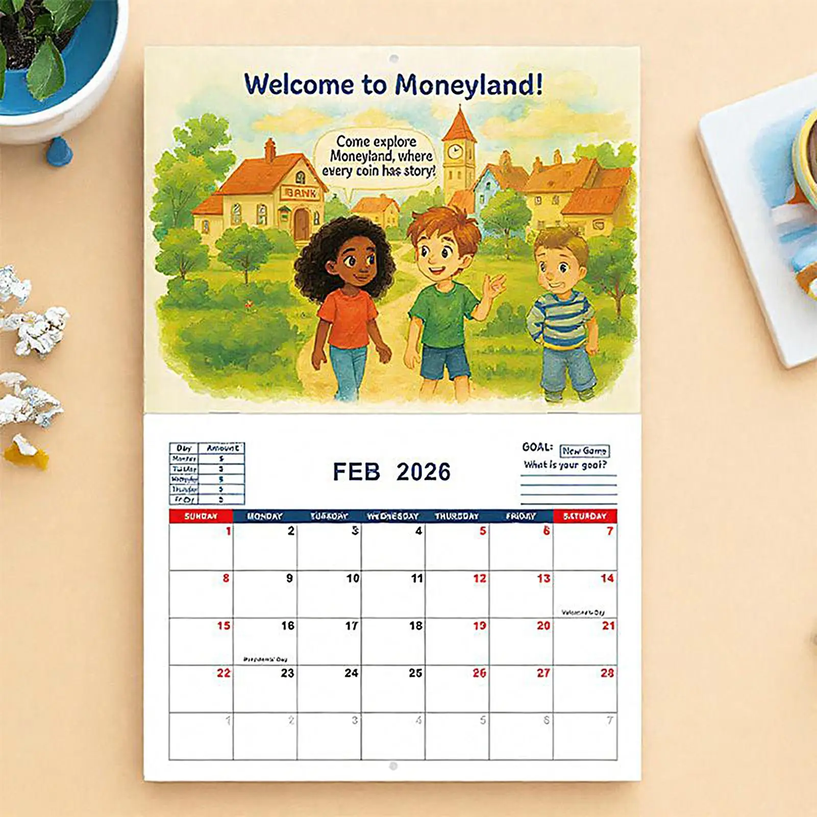 Calendario finanziario per bambini Calendario interattivo per l'apprendimento dei soldi per ragazzi e ragazze Jan dicembre 2026 Planner con colorato